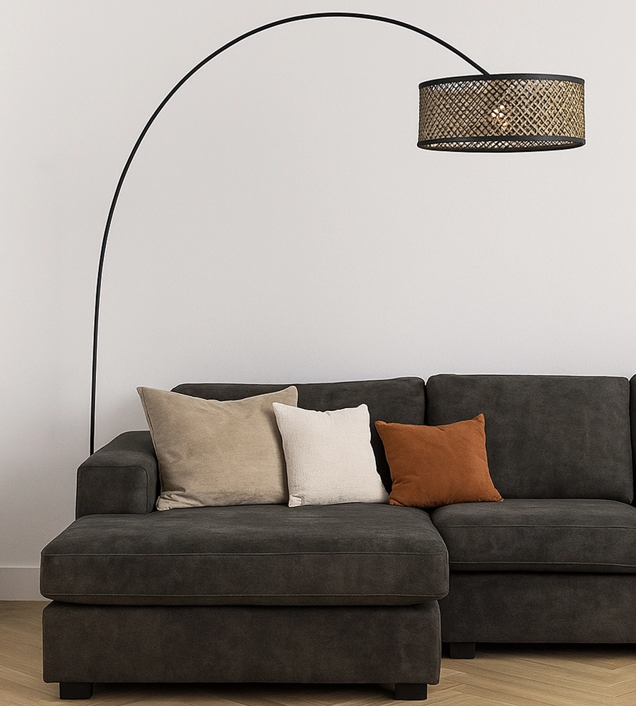 Black arc lamp at black sofa