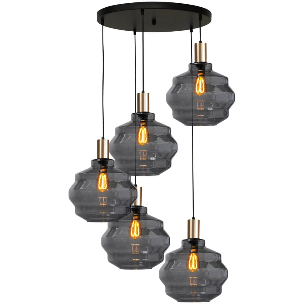 5-light loft hanging lamp - gold - Porto with Ball smoke glasses - Ø 30cm