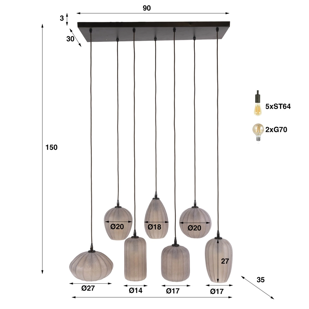 7-lichts hanglamp Altura sienna bruin met frosted glas Lyora 8716803514874