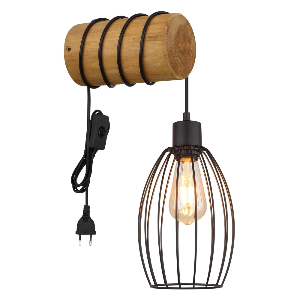 Wall light Berti black with wood Globo 9007371580330