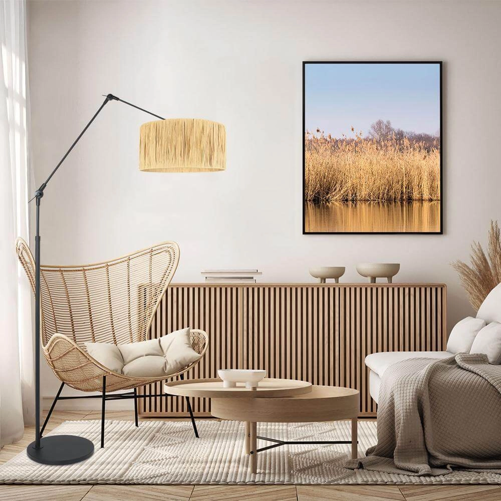 Adjustable floor lamp Prestige Chic black with straw shade Steinhauer 8712746172928