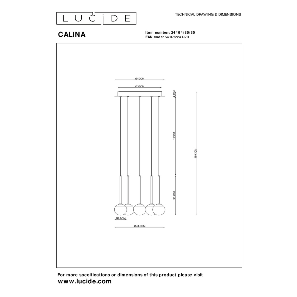 Vide pendant lamp Calina 5-light with white spheres Premium by Lucide 5411212241979