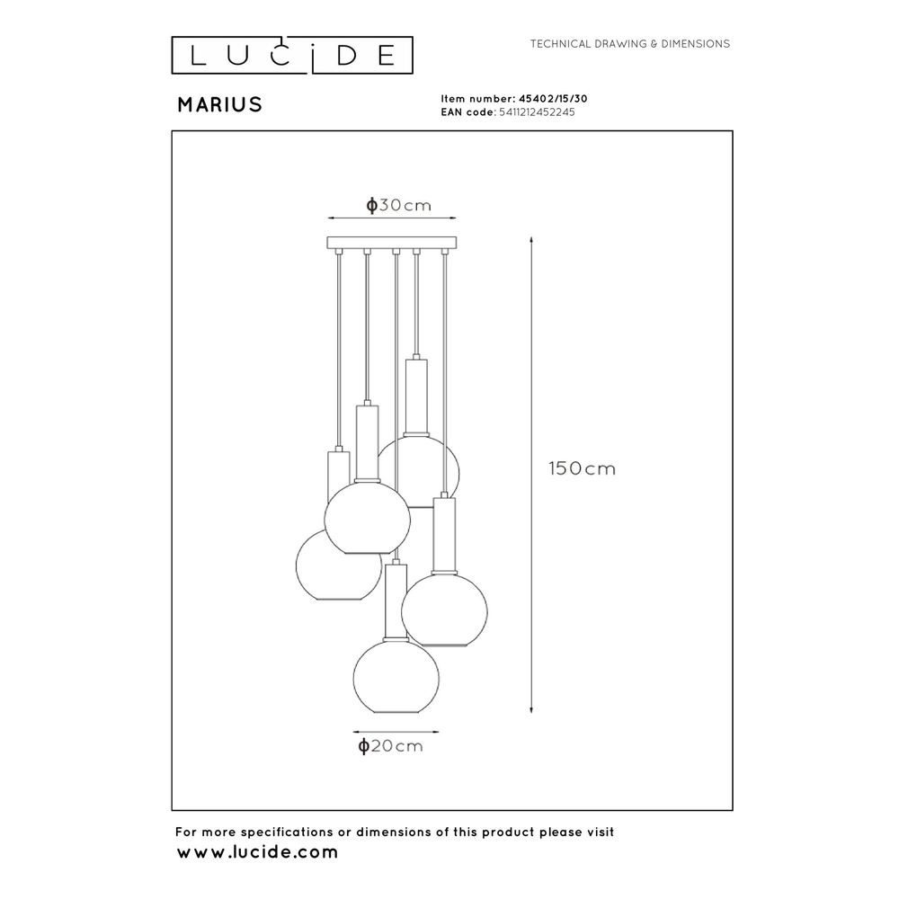 Pendant lamp Marius 5-light black Lucide 5411212452245