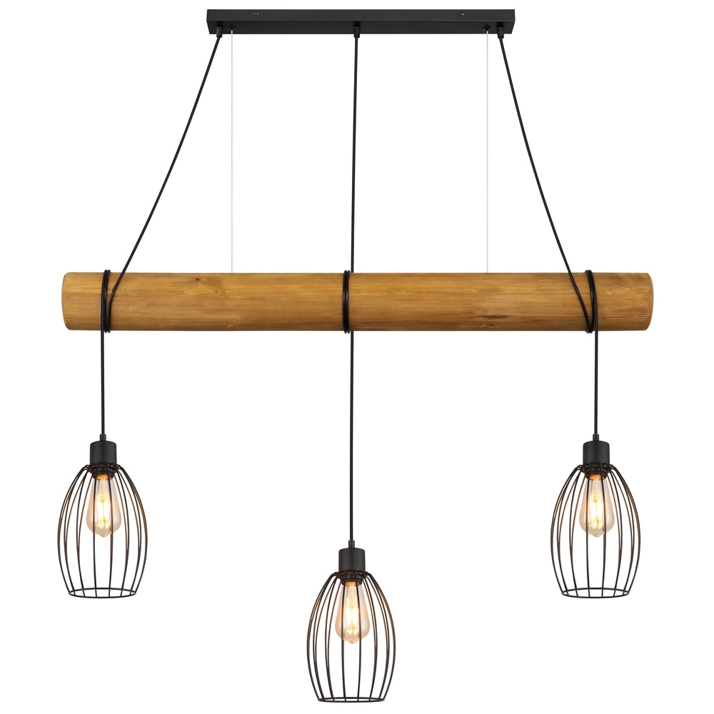 Country Pendant Lamp Berti 3-light wood with black Globo 9007371583331