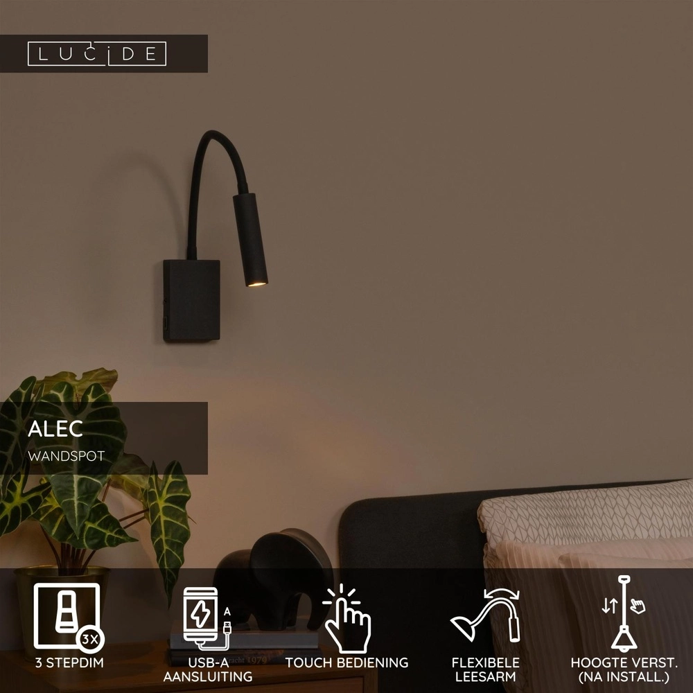 Bedside lamp Alec black with USB port Lucide 5411212031952