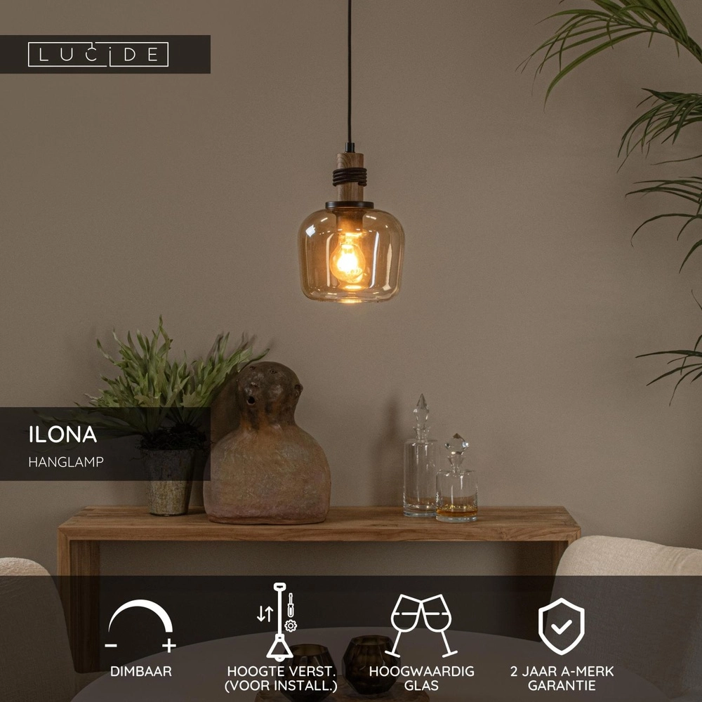 Pendant lamp Ilona Ø 18cm black with amber glass Lucide 5411212452658