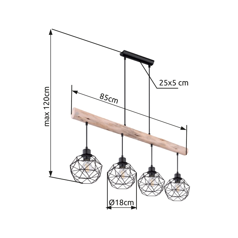 4-light dining table lamp Theodor black with wood Globo 9007371400676