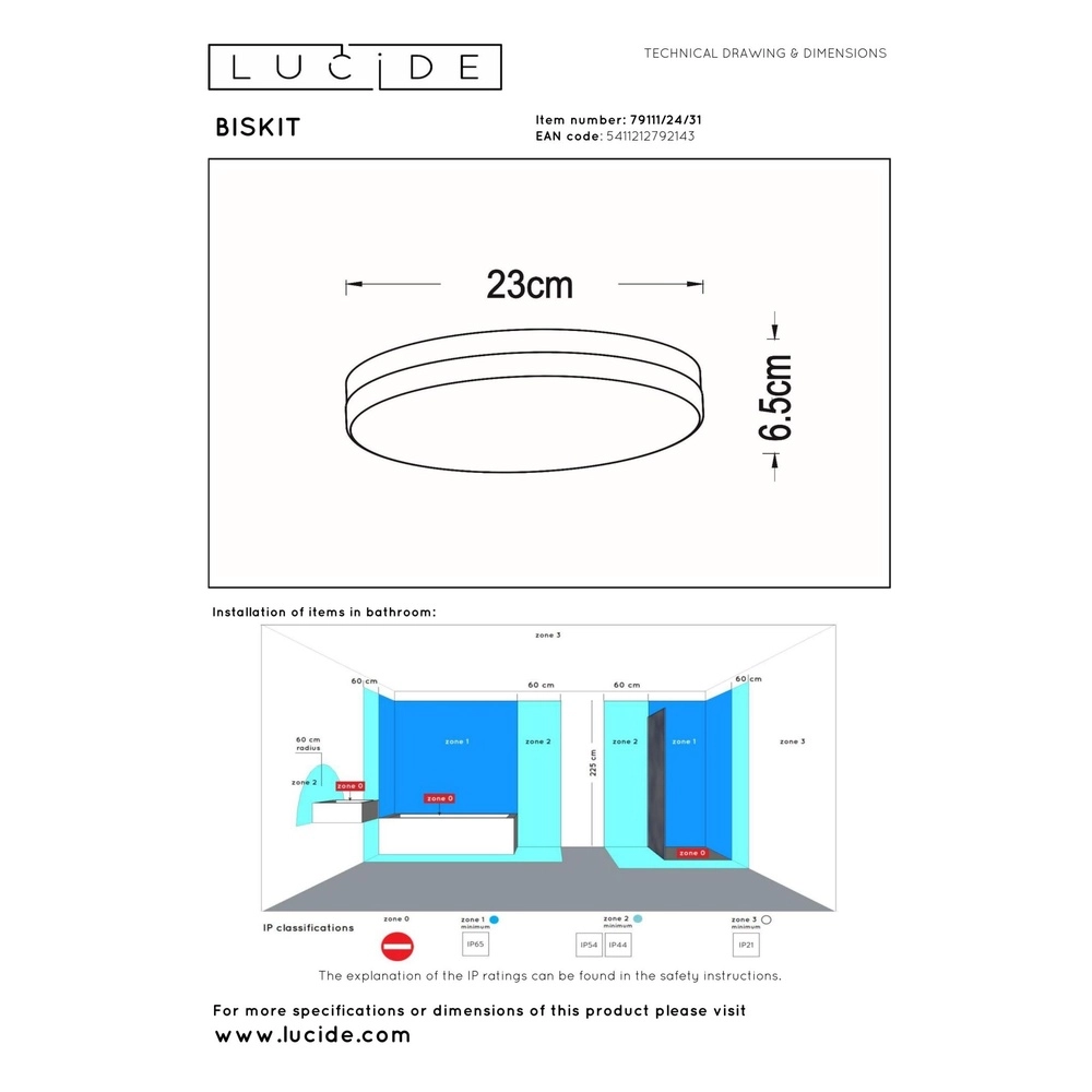 Ceiling light Biskit Ø 23cm - IP44 white Lucide 5411212792143