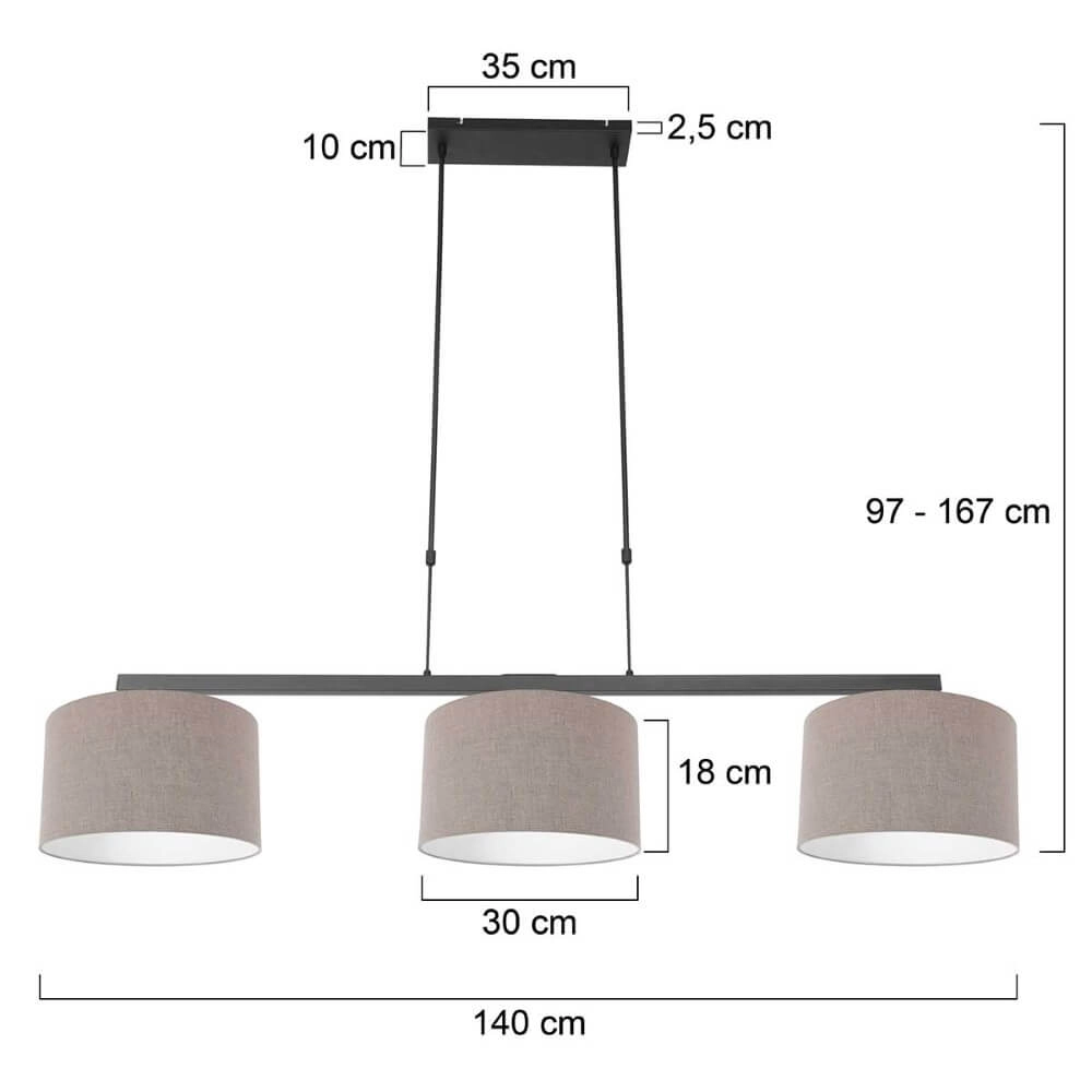 Black hanging lamp Stang with taupe linen shades Steinhauer 8712746165784