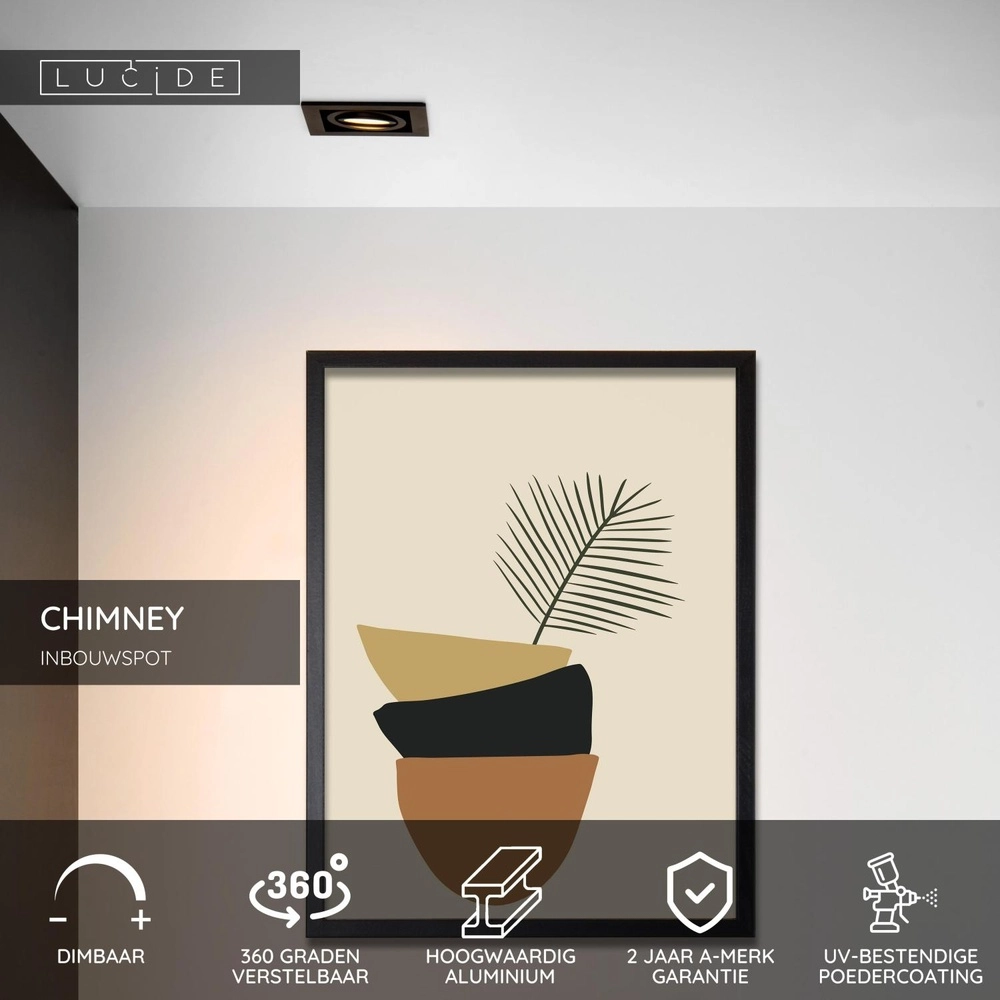 Square recessed spotlight Chimney Single Black Lucide 5411212092250