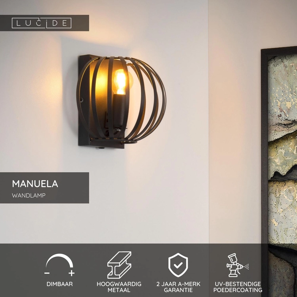 Wall lamp Manuela Black Lucide 5411212782762