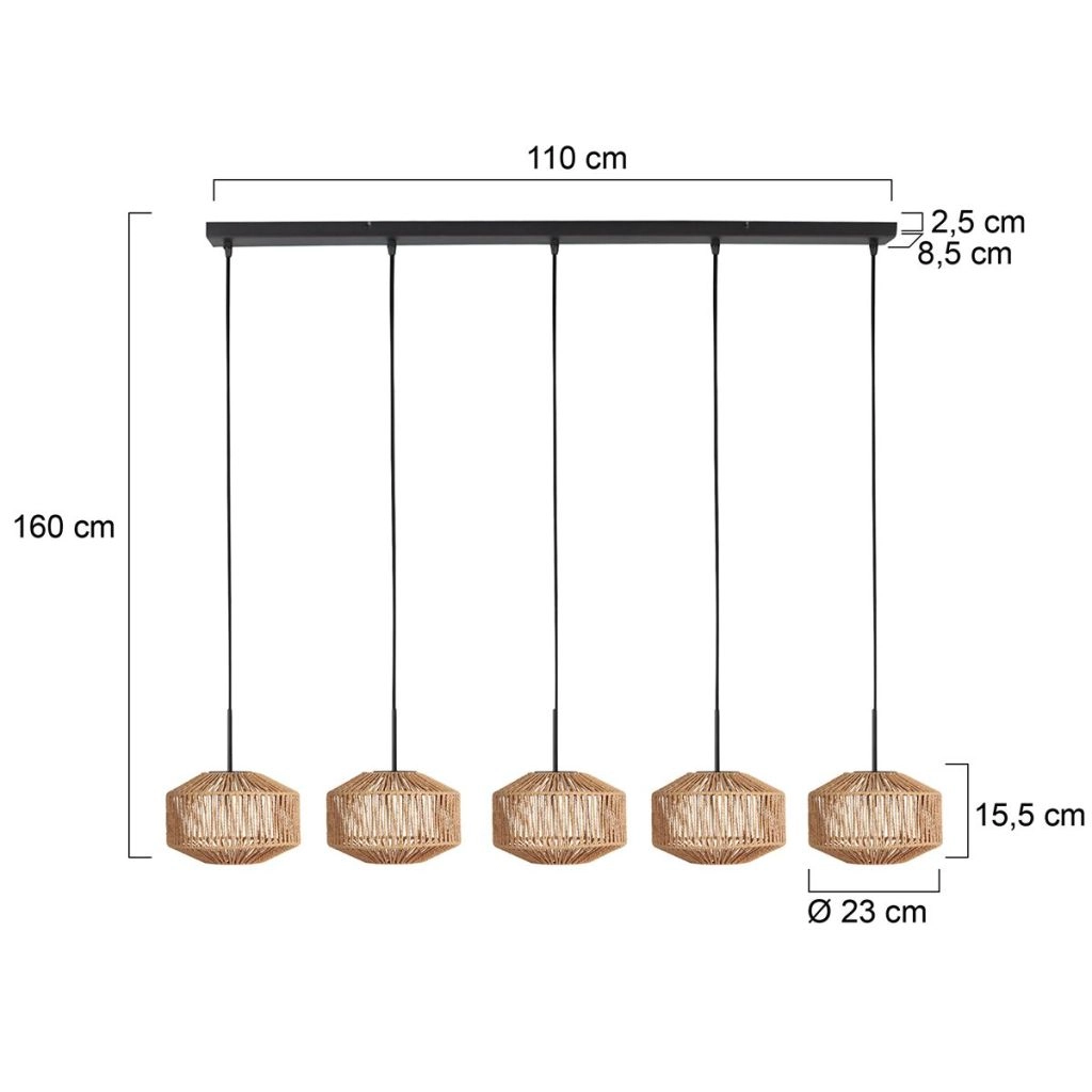 5-light pendant lamp straight Ropex with rattan hoods Steinhauer 8712746183245
