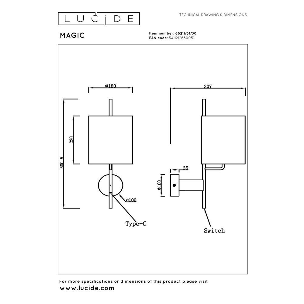 Wall lamp Magic black with USB charging point Lucide 5411212680051