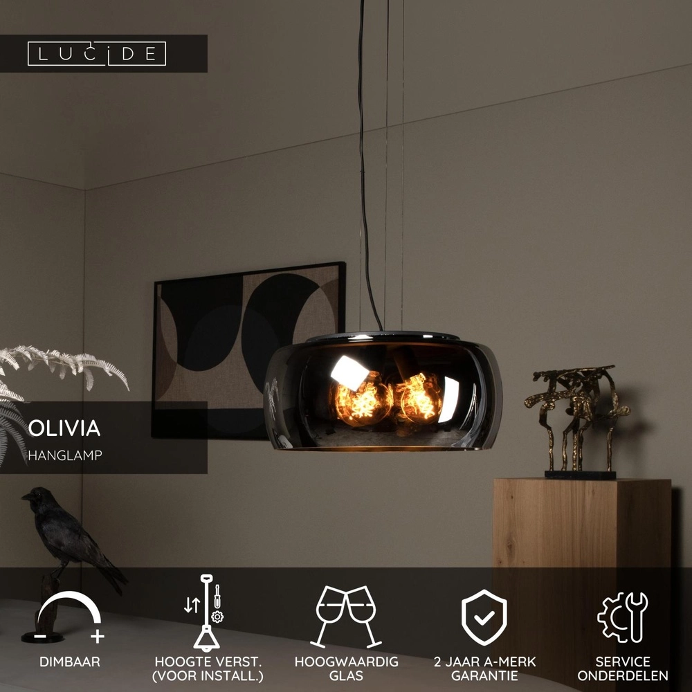 Design pendant lamp Olivia Ø 50cm black with smoke glass Lucide 5411212452108