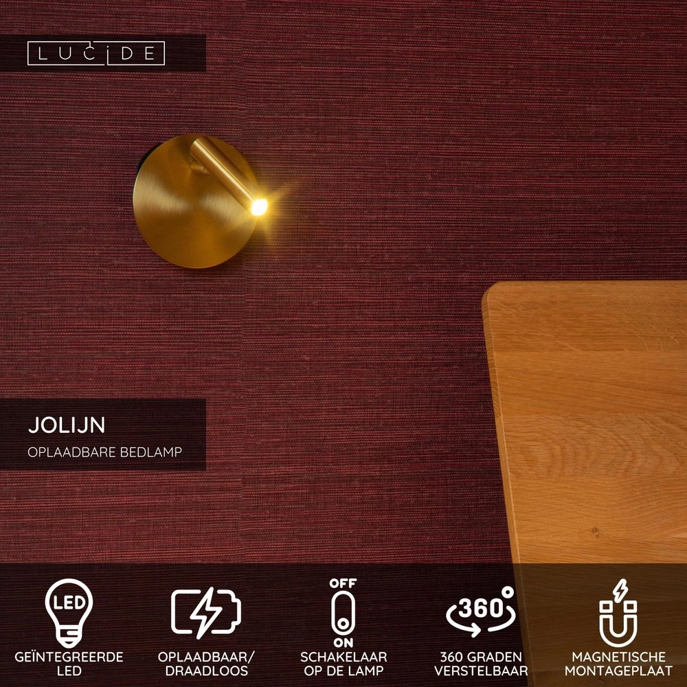 Magnetic wall light Jolijn Rechargeable Gold Bedside Lamp Lucide 5411212771346