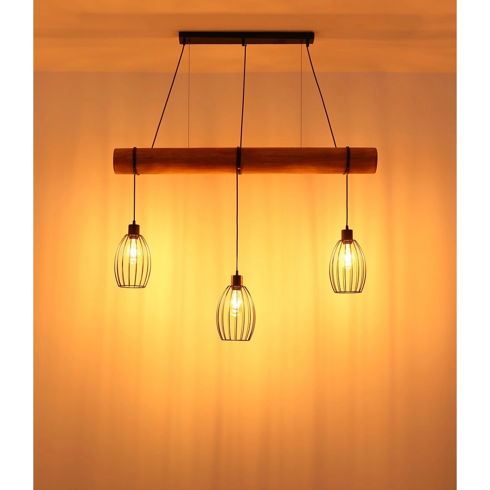 Country Pendant Lamp Berti 3-light wood with black Globo 9007371583331