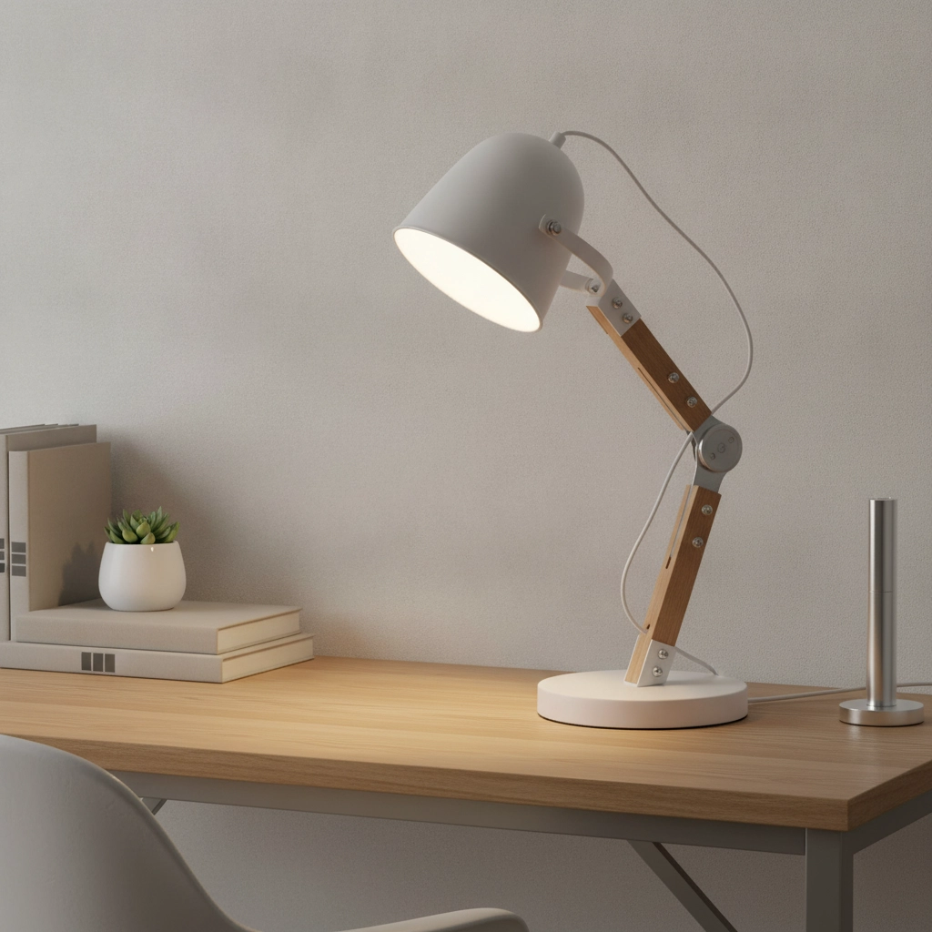 Rural desk lamp Cooper white with wood