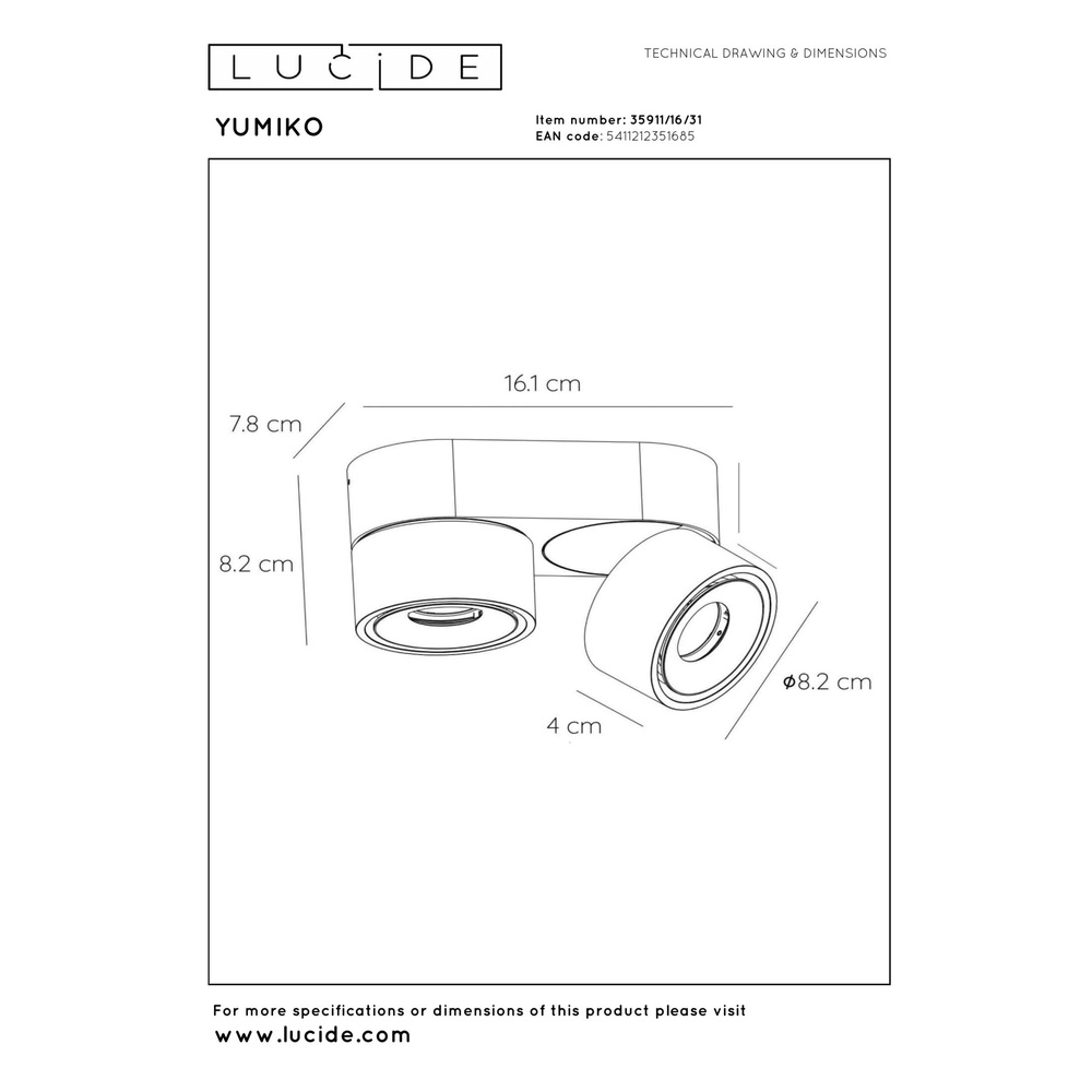 Ceiling spotlight Yumiko double white Lucide 5411212351685