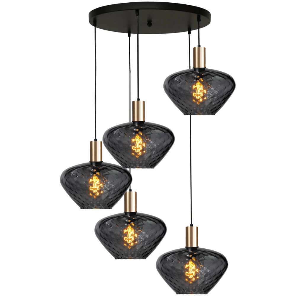 5-light loft hanging lamp - gold - Porto with Blossom smoke glasses
