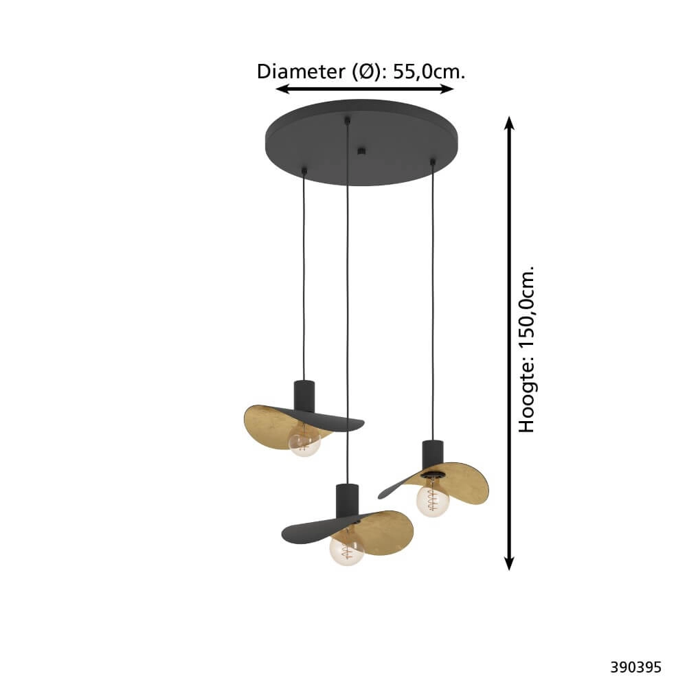 Black hanging lamp Saceda with gold 3-lights Stars of Light 9008606292318
