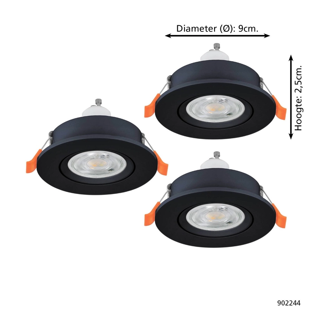Set of 3 recessed spotlights Barranco black Ø 9cm - 4,5W - 3000K Eglo 9008606359257