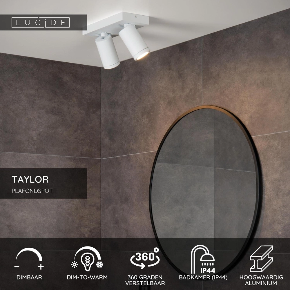 Ceiling spotlight Taylor IP44 2-light white Lucide 5411212092649