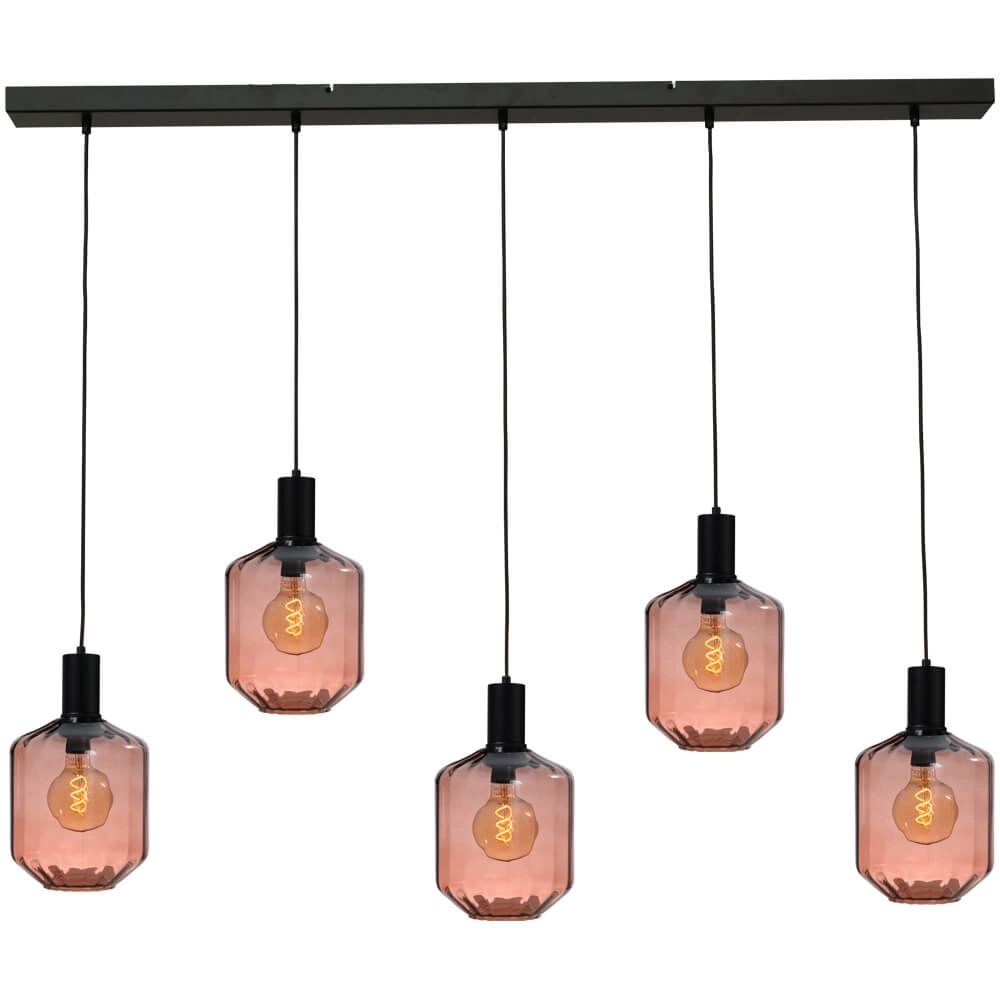 5-light hanging lamp - black - Porto with Jagger red glasses - Ø 24cm