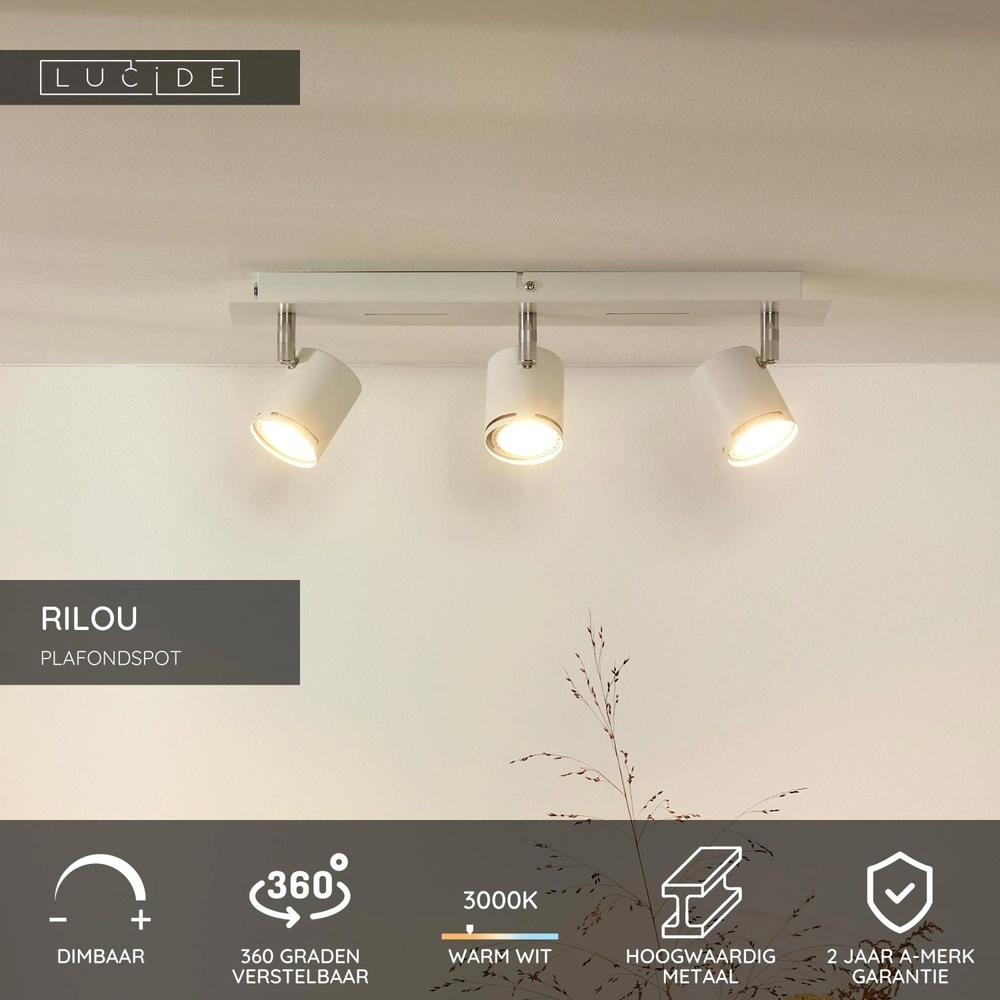 Ceiling spotlight Rilou 3-light dimmable white Lucide 5411212261984