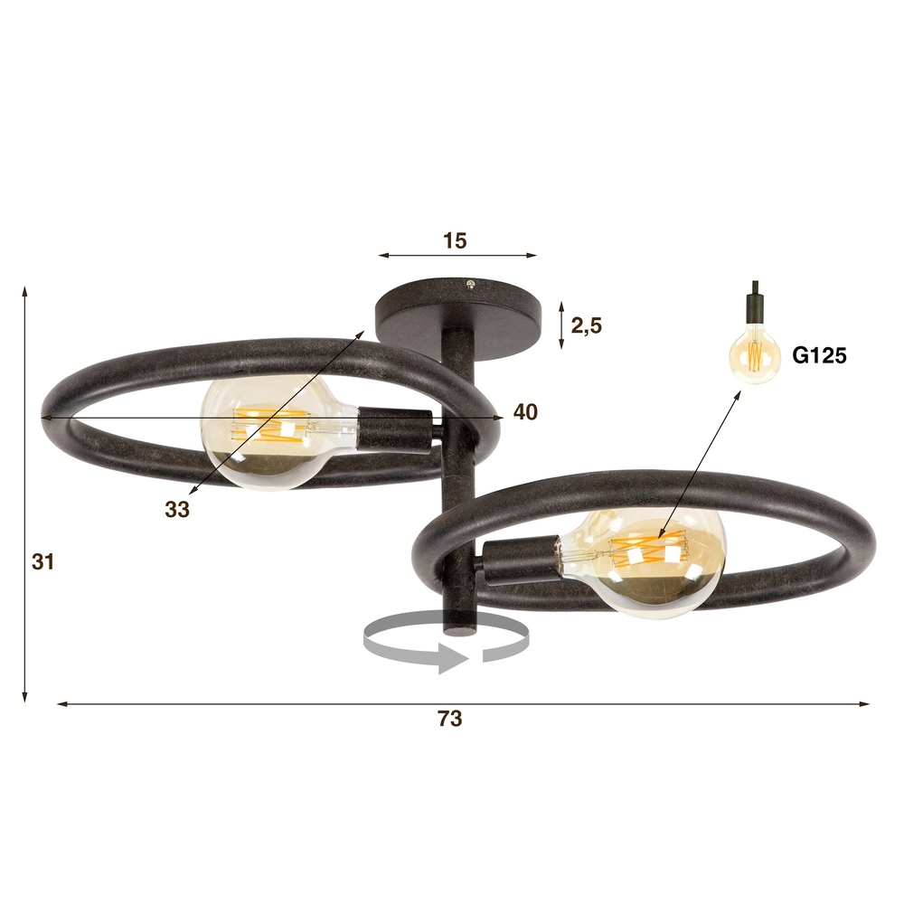 Country ceiling lamp Pebble artic black - 2x E27 Lyora 8716803510999