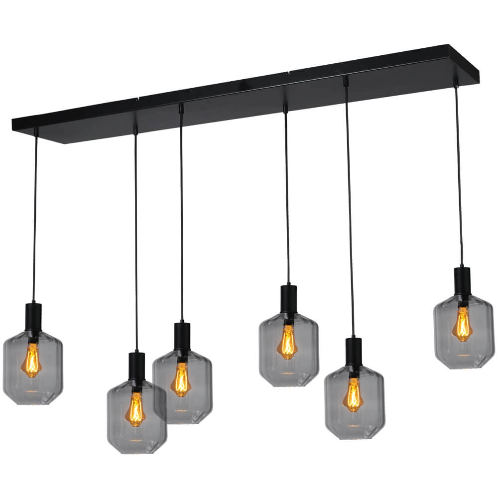 6-light hanging lamp - black - Porto with Jagger smoke glasses