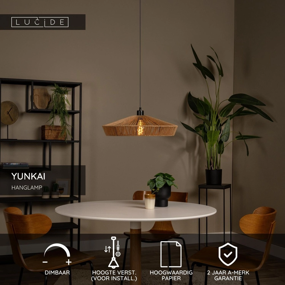 Pendant lamp Yunkai Ø 50cm black with rattan Lucide 5411212105691
