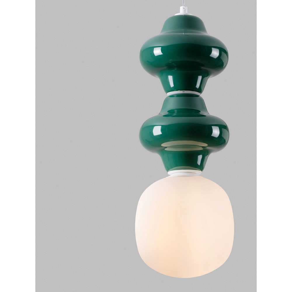 Pendant lamp Clio M green ceramic with white glass