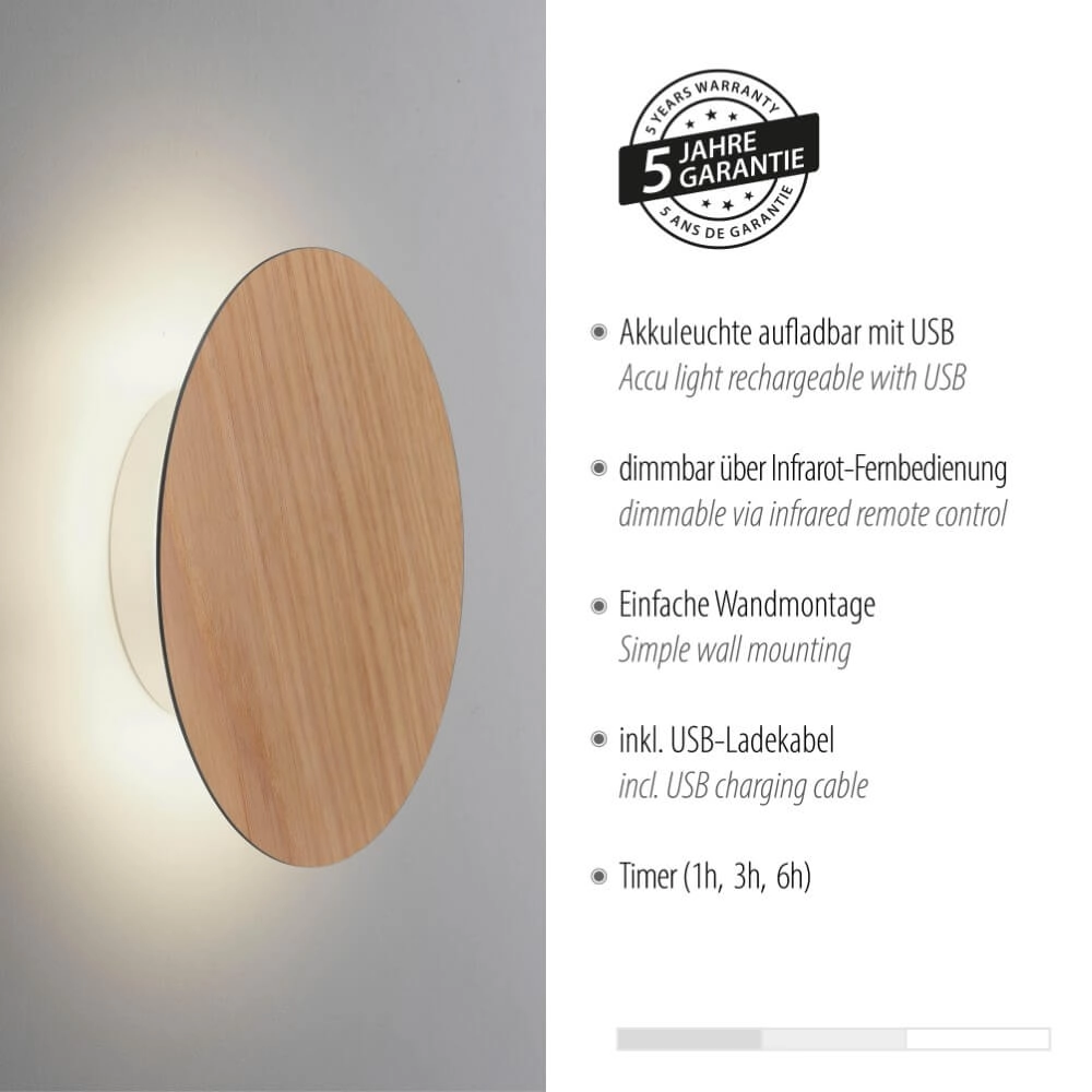Design wall lamp Akku Puntua Ø 18cm wood Paul Neuhaus 4012248375785
