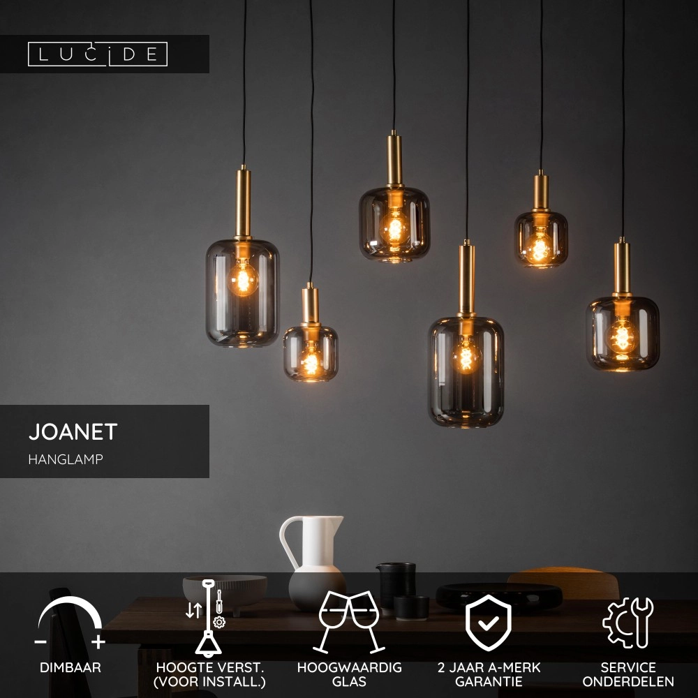 6-light pendant lamp Joanet Straight gold with smoke glass Lucide 5411212451446