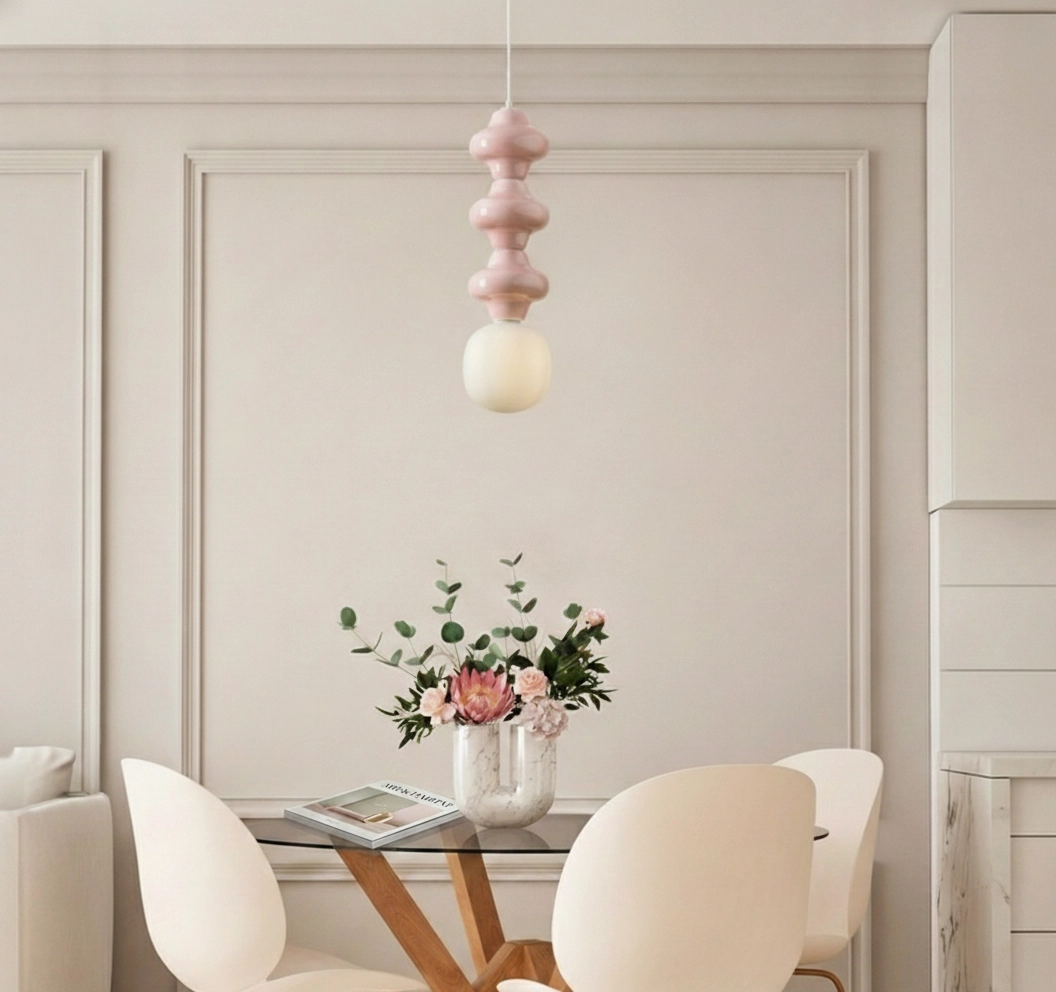 Pendant lamp Clio L pink ceramic with white glass