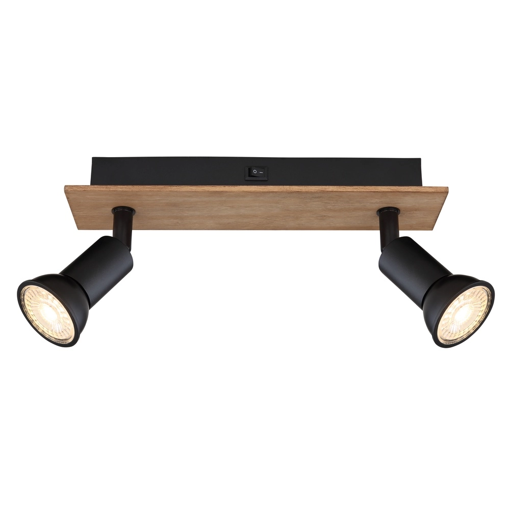 Ceiling spotlight Drew black with wood 2-lights Globo 9007371430789