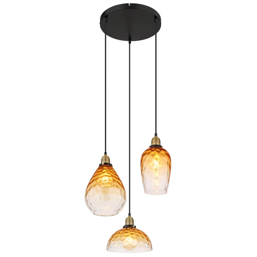 3-light pendant lamp round Salvy Amber Glass Honeycomb