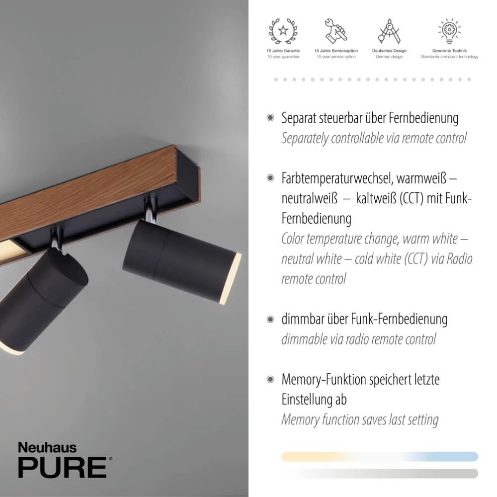 Sleek ceiling lamp Pure Lines Spot wood Paul Neuhaus 4012248374566