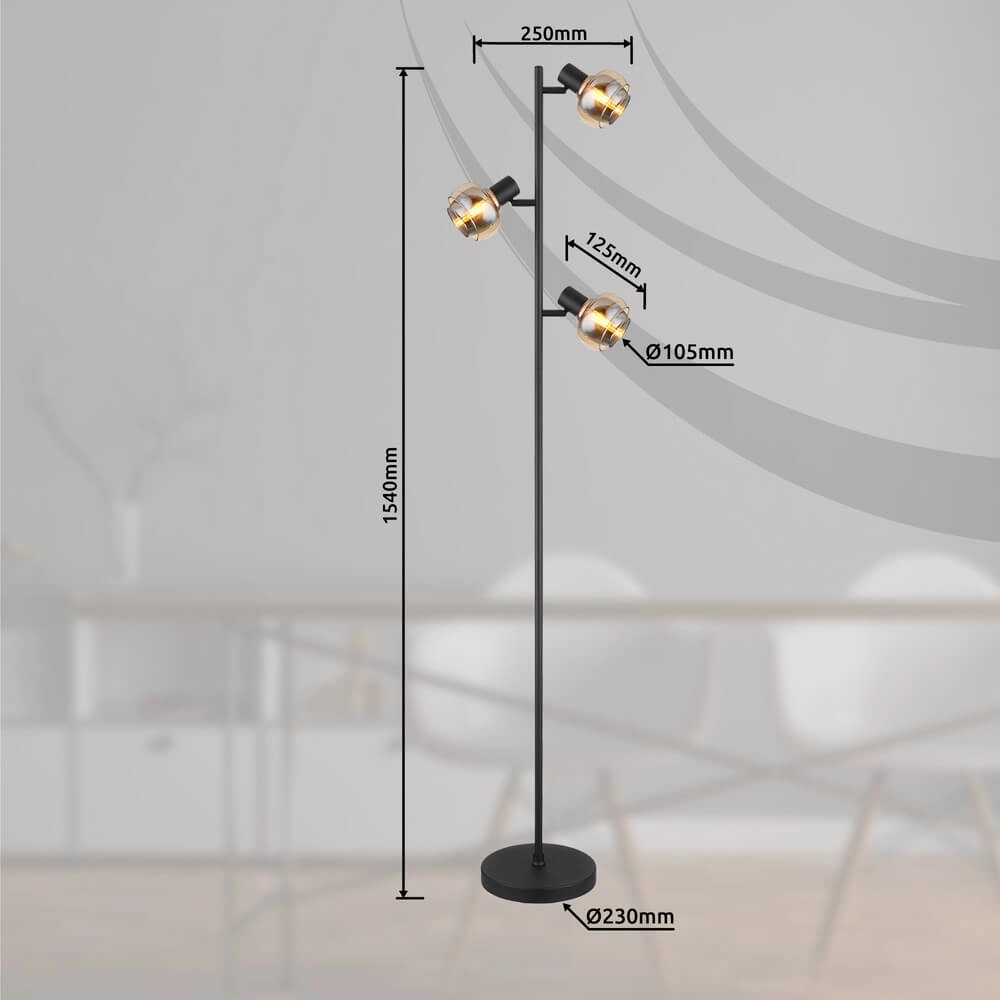 Black floor lamp Tokki 3-light amber smoke glass Globo 9007371449033
