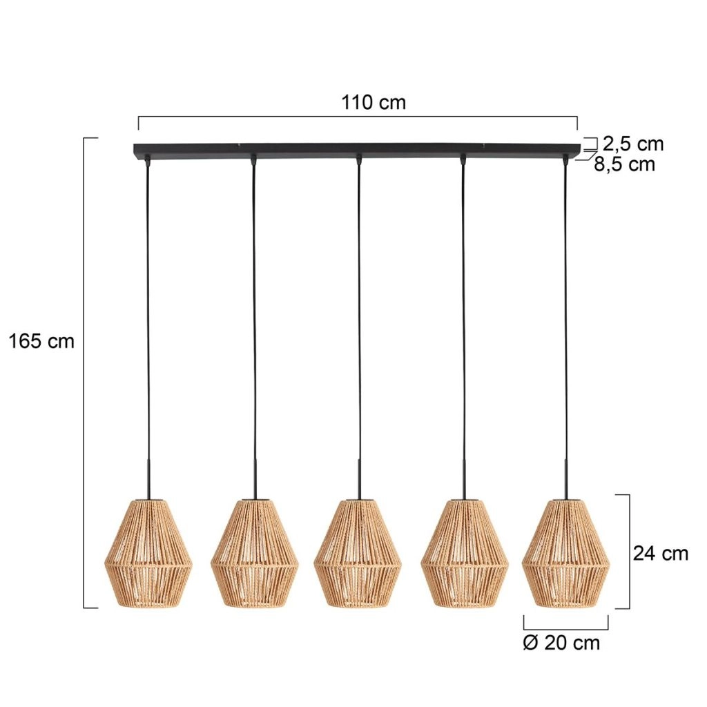 Pendant lamp 5-light straight Ropex with rattan hoods Steinhauer 8712746183252