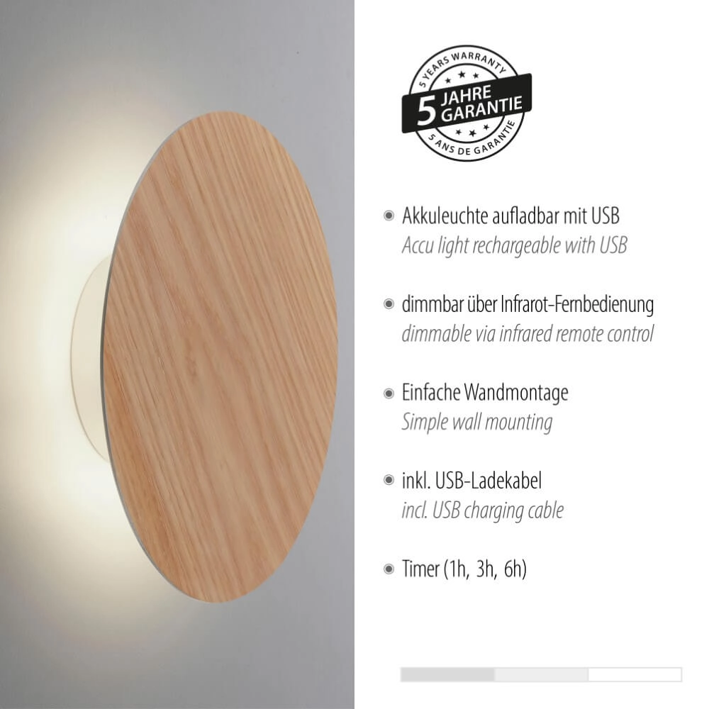 Design wall lamp Akku Puntua Ø 25cm wood Paul Neuhaus 4012248375792