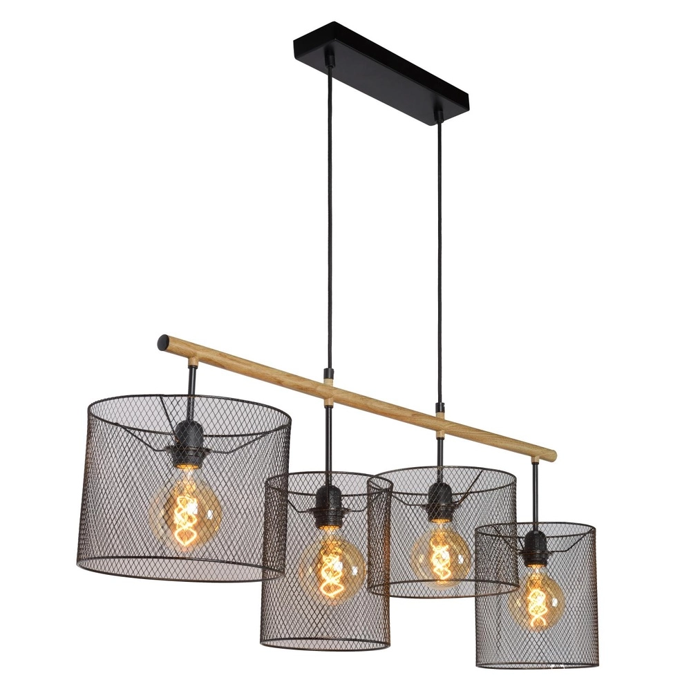 4-light pendant lamp Baskett black with wood Lucide 5411212450531