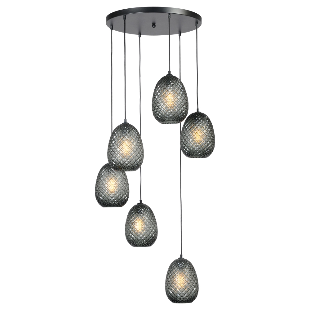 Black hanging lamp Pineapple 6-light with smoked glass