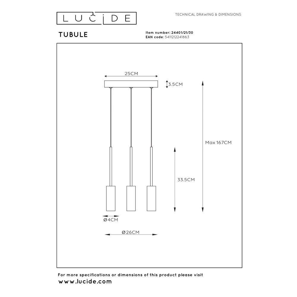 3-light design pendant lamp Tubule Black Lucide 5411212241863
