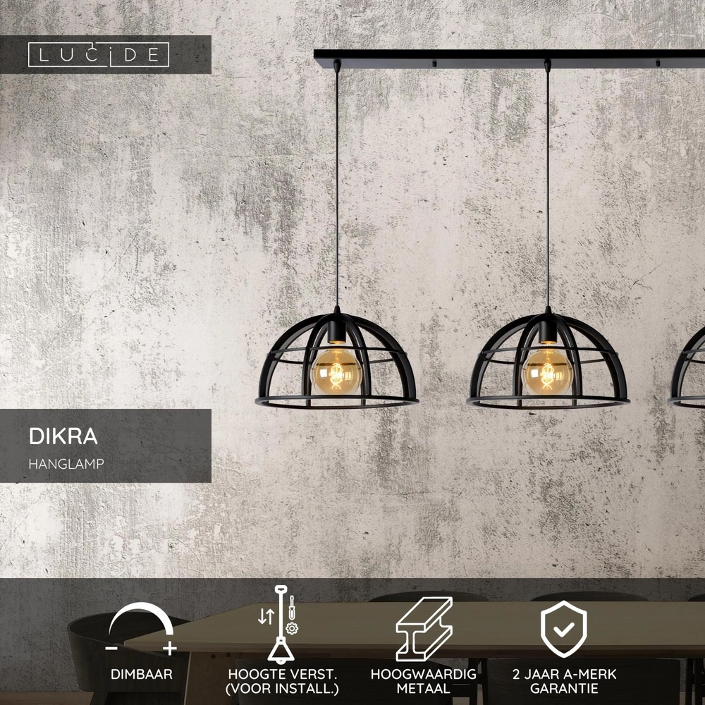 3-light pendant lamp Dikra Industrial Black Lucide 5411212761026