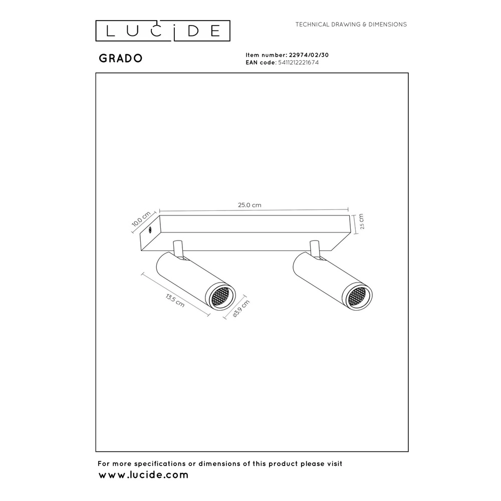 Sleek ceiling lamp Grado 2-light black Lucide 5411212221674