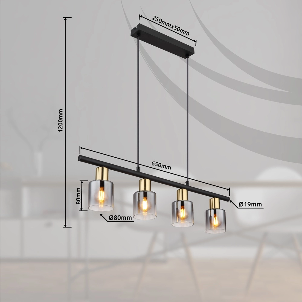 4-light pendant lamp Hollsy black with smoke glass Globo 9007371454853