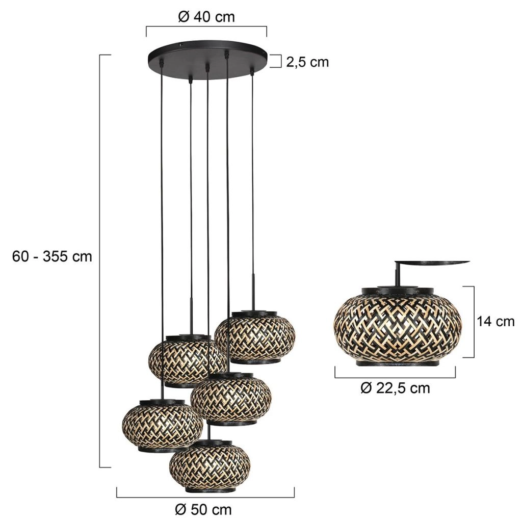 5-light pendant lamp Nox Light with bamboo caps Steinhauer 8712746183177