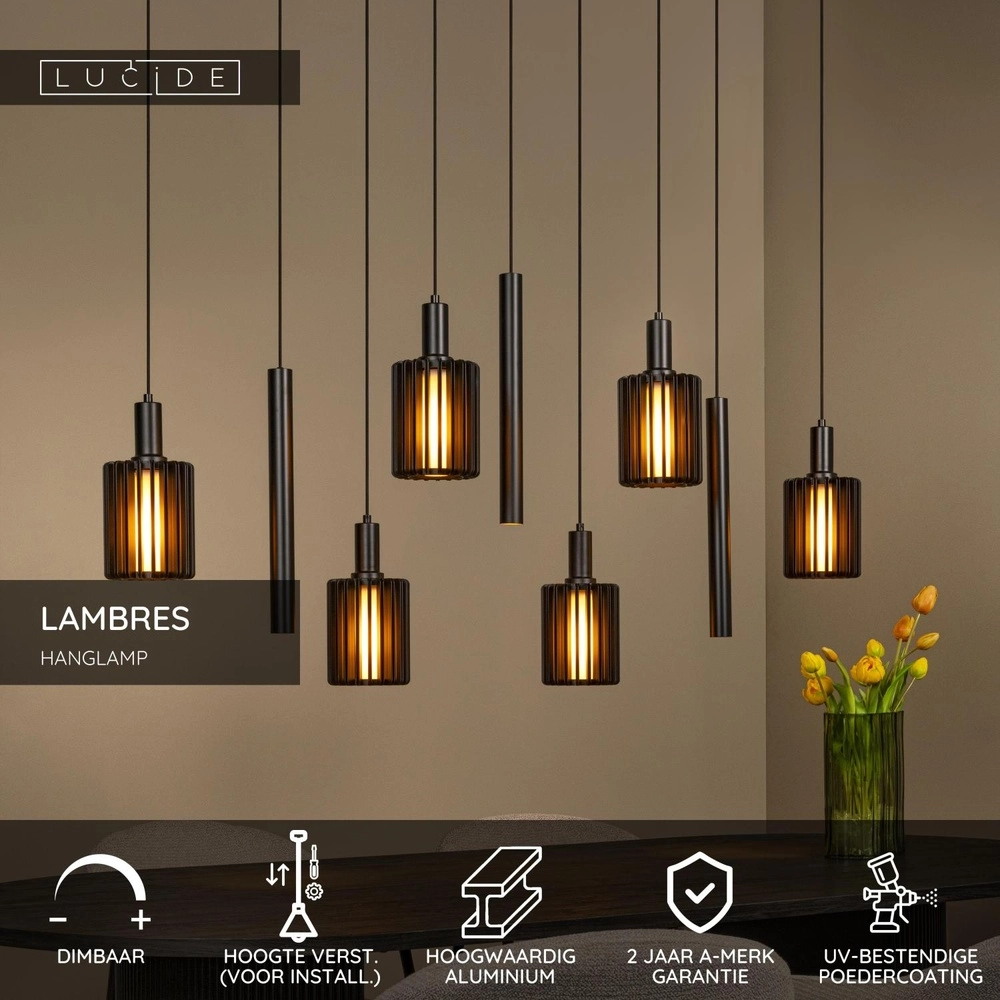 9-light pendant lamp Lambres Black Lucide 5411212452986