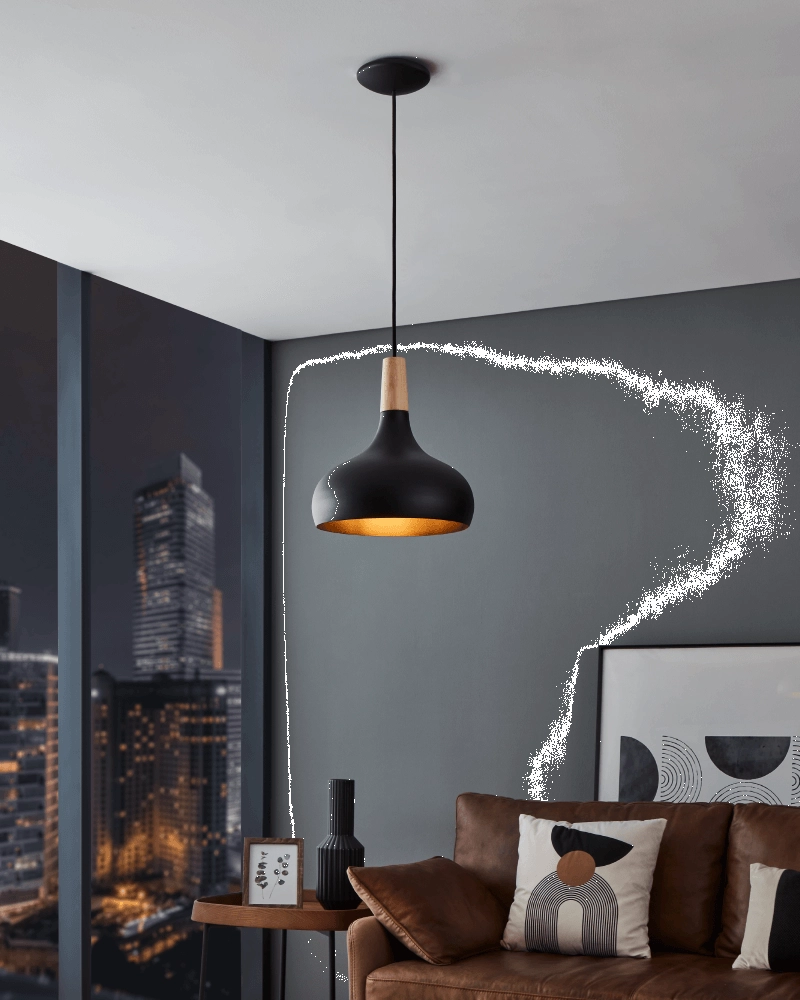 Black hanging lamp Sabinar Ø 28cm with wood Eglo 9008606235780